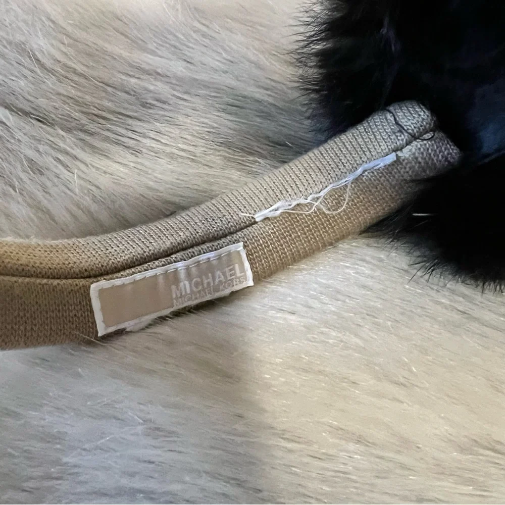MICHAEL KORS (not outlet!) Black Fur Earmuffs Logo Tan Lettering on Headband